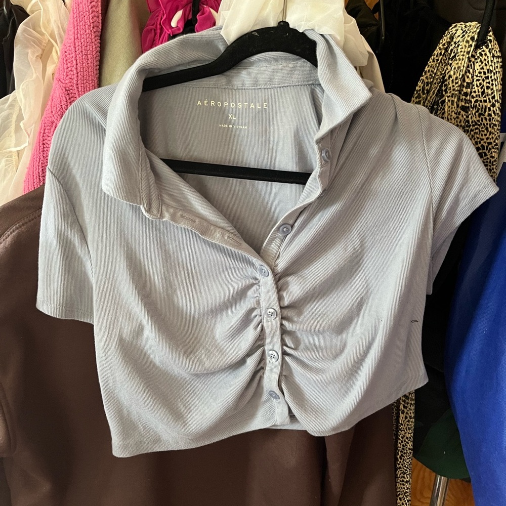 Aeropostale Gray Ruched Polo Crop Blouse